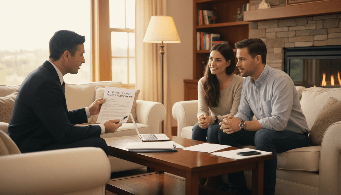 Insurance advisor discussing living benefits with clients in their home