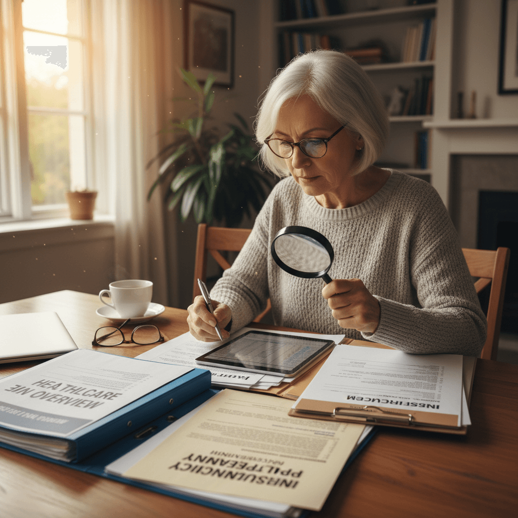 Mature adult reviewing insurance documents and healthcare plan paperwork at home