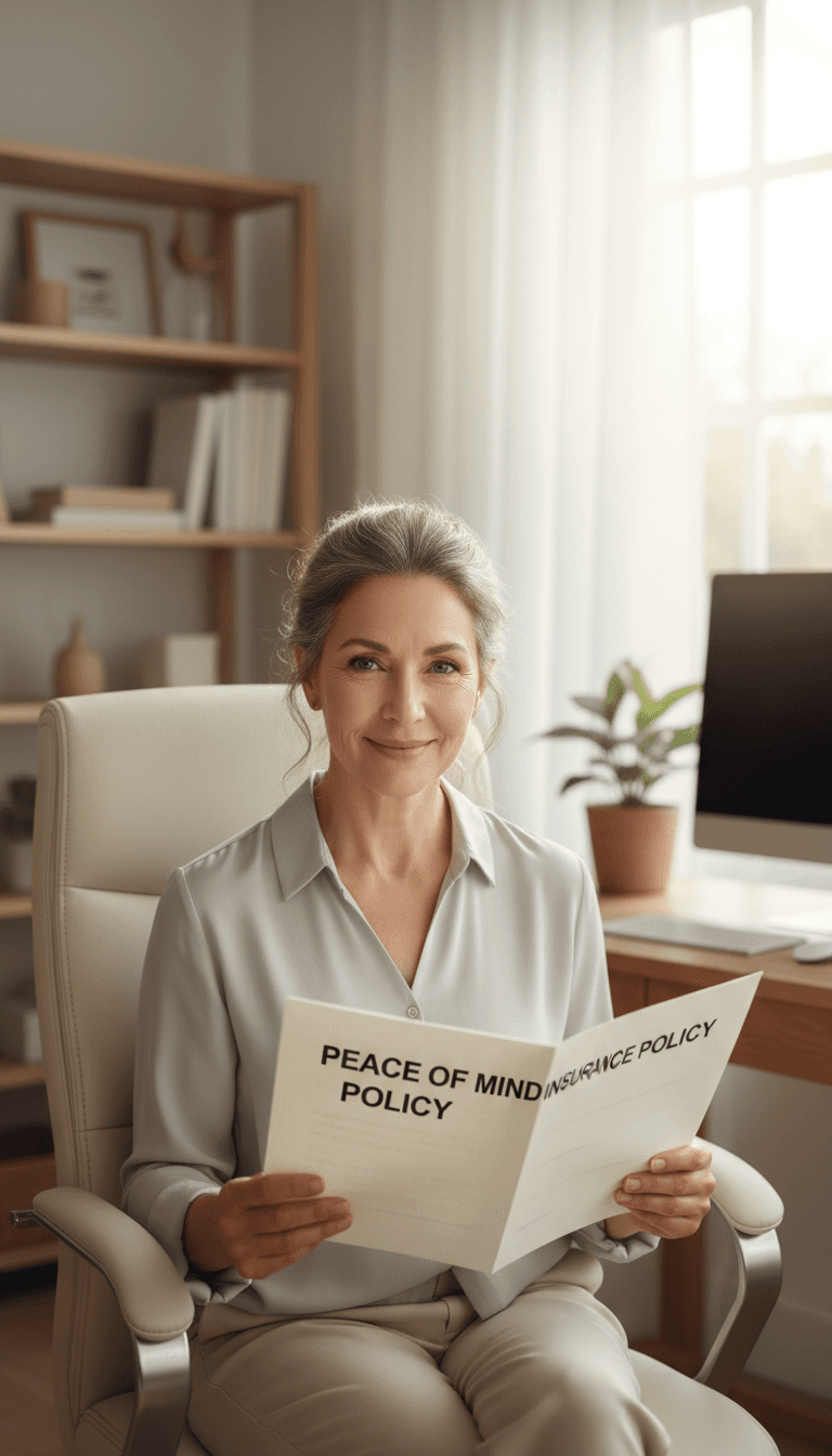 Mature woman smiling confidently while holding printed insurance policy document in her home office