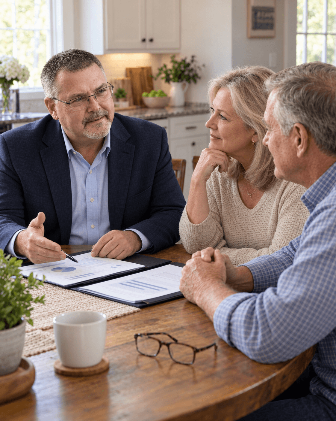 Professional advisor reviews financial charts with an older couple at their kitchen table.